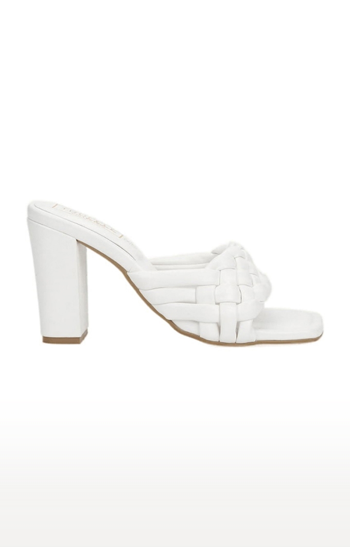 Truffle Collection | Women's White PU Quilted Slip On Block Heels 1