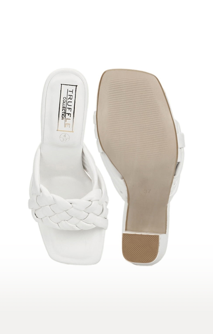 Truffle Collection | Women's White PU Quilted Slip On Block Heels 3