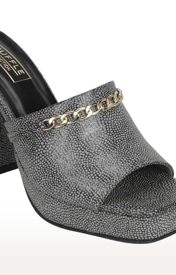 Truffle Collection | Women's Black PU Printed Slip On Block Heels 4