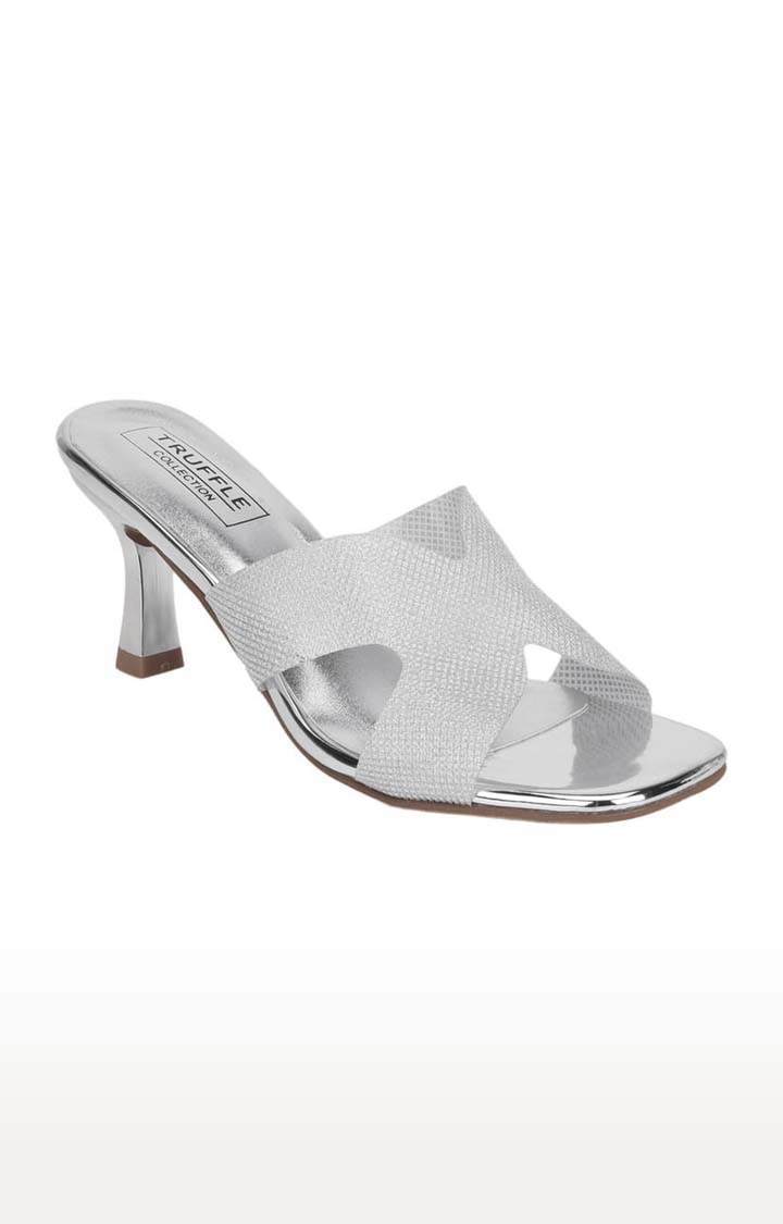 Truffle Collection | Women's Silver PU Textured Slip On Kitten Heels