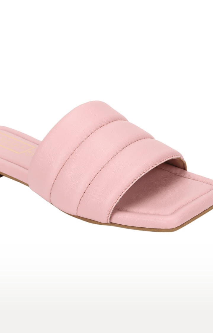 Truffle Collection | Women's Pink PU Solid Flat Slip-ons 4