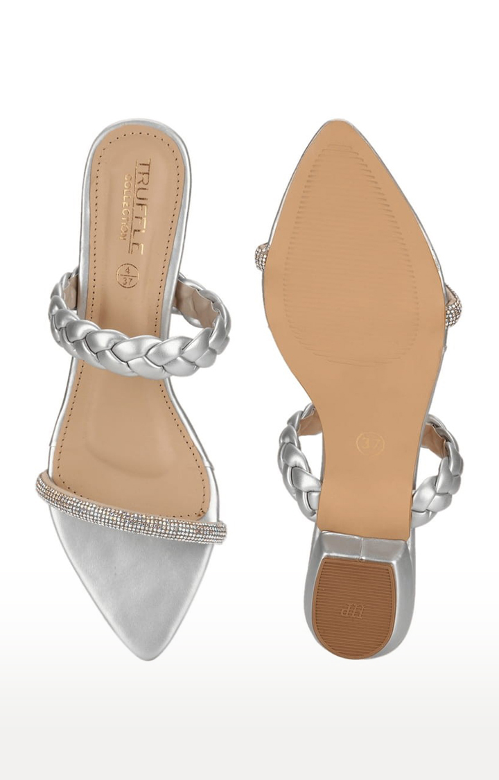 Women's Silver PU Embellished Flat Slip-ons