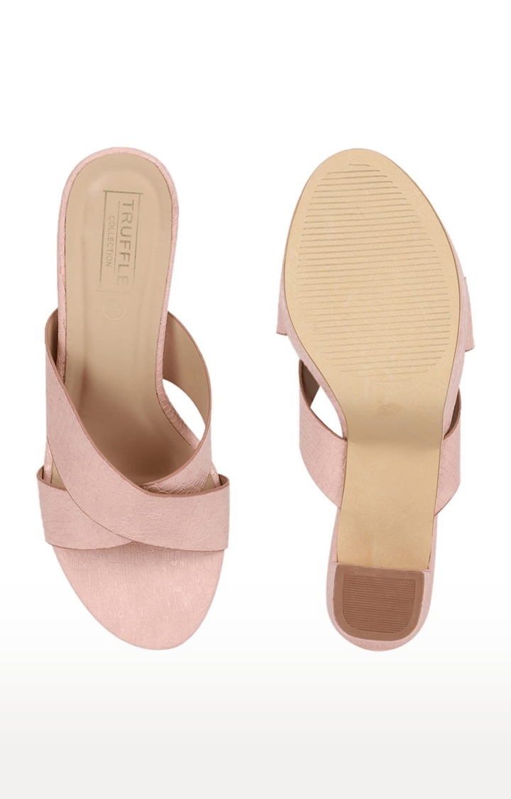 Truffle Collection | Women's Pink PU Textured Slip On Block Heels 3