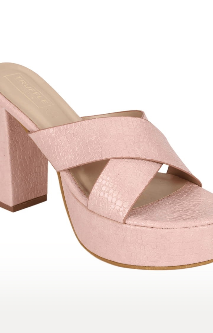 Truffle Collection | Women's Pink PU Textured Slip On Block Heels 4