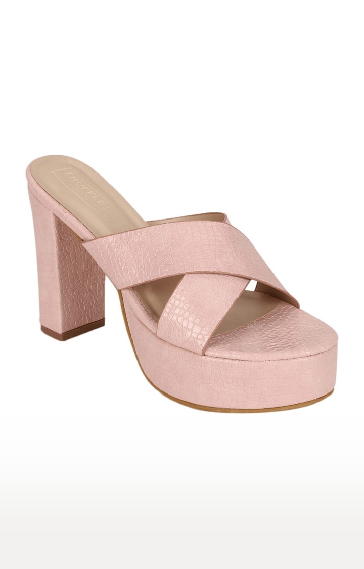 Truffle Collection | Women's Pink PU Textured Slip On Block Heels 0
