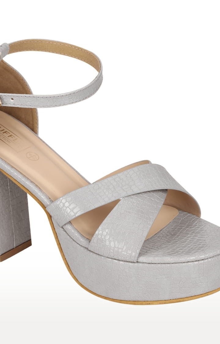 Women's Grey PU Textured Buckle Block Heels