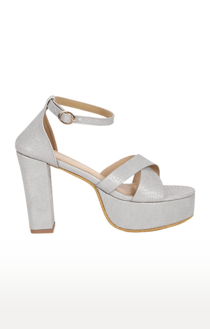 Women's Grey PU Textured Buckle Block Heels
