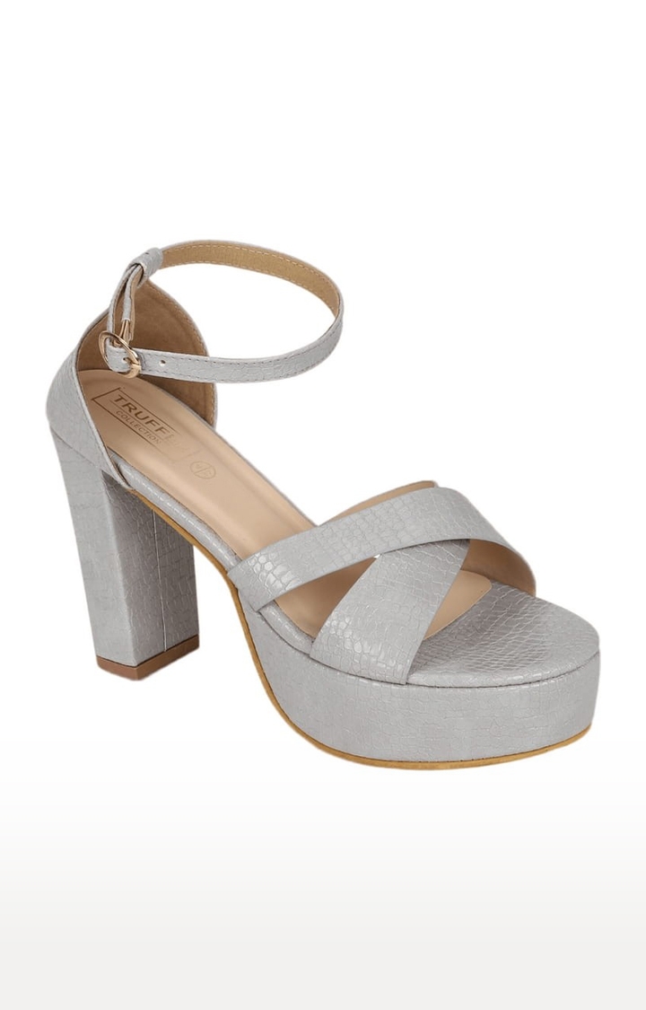 Truffle Collection | Women's Grey PU Textured Buckle Block Heels