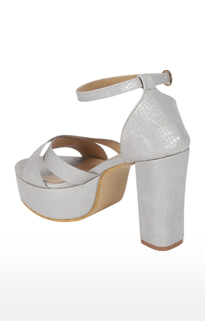 Women's Grey PU Textured Buckle Block Heels