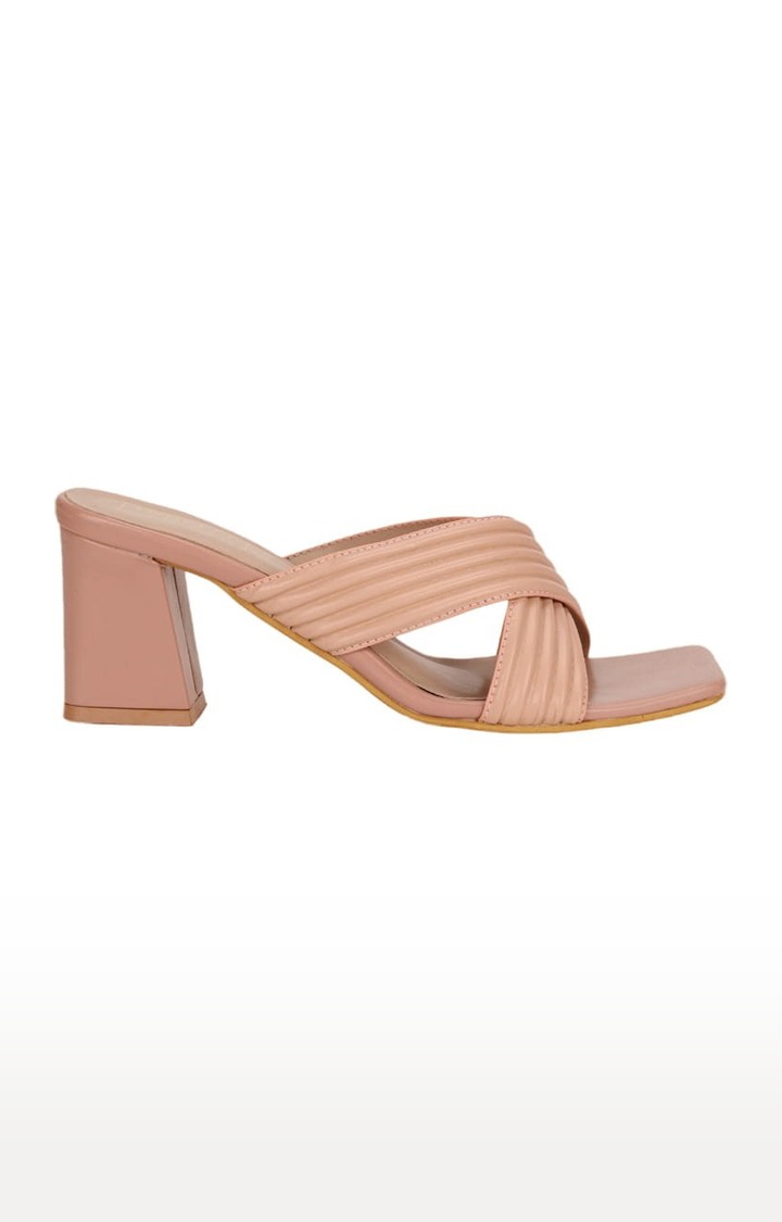 Truffle Collection | Women's Beige PU Striped Slip On Block Heels 1