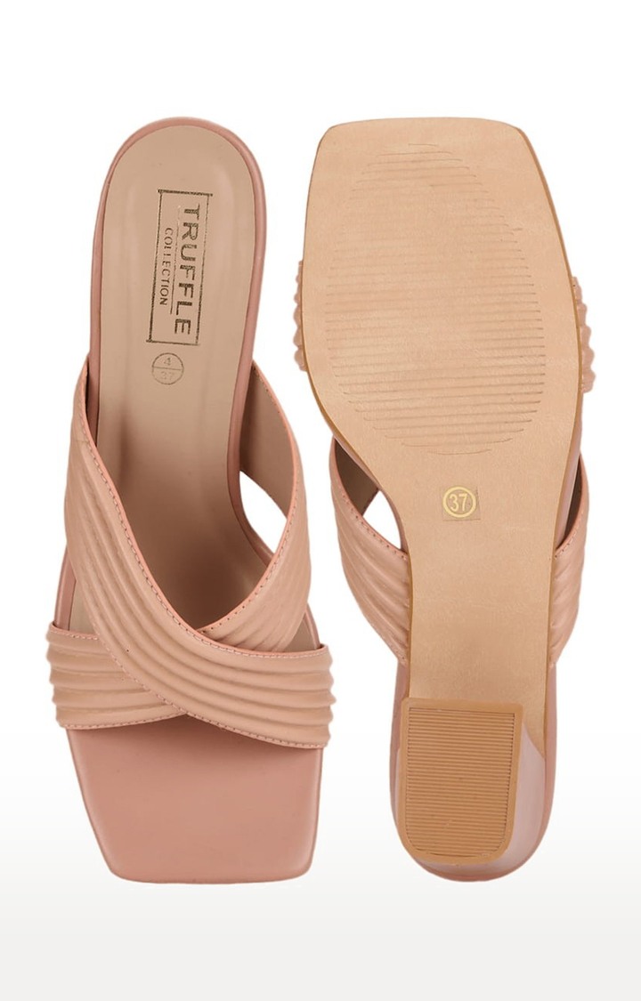 Truffle Collection | Women's Beige PU Striped Slip On Block Heels 3