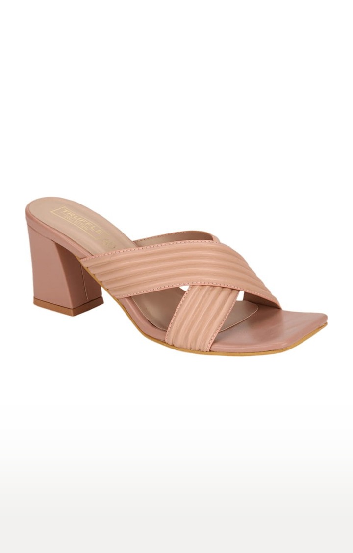 Truffle Collection | Women's Beige PU Striped Slip On Block Heels 0