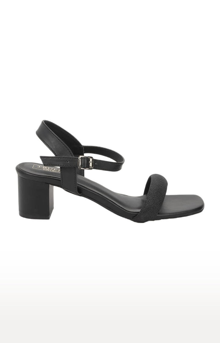 Women's Black PU Solid Buckle Block Heels