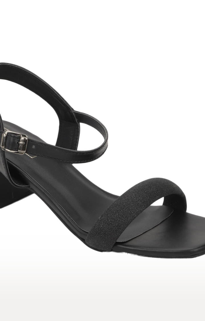 Women's Black PU Solid Buckle Block Heels