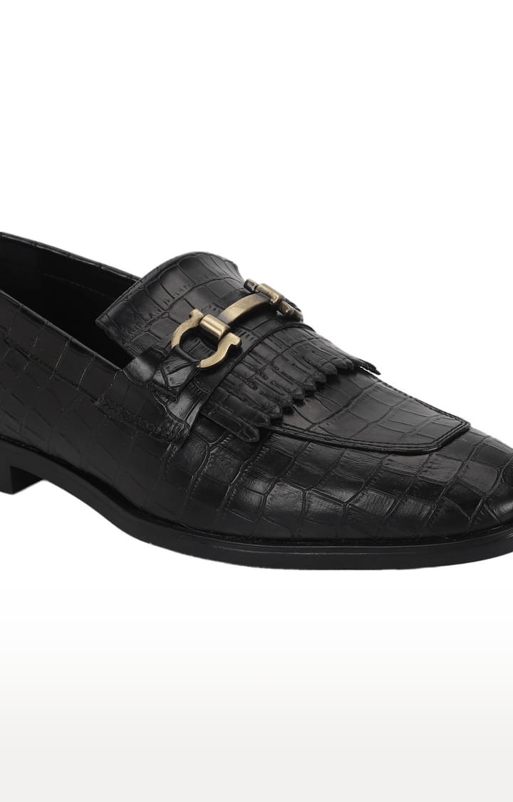 Truffle Collection | Men's Black PU Textured Slip On Loafers 4