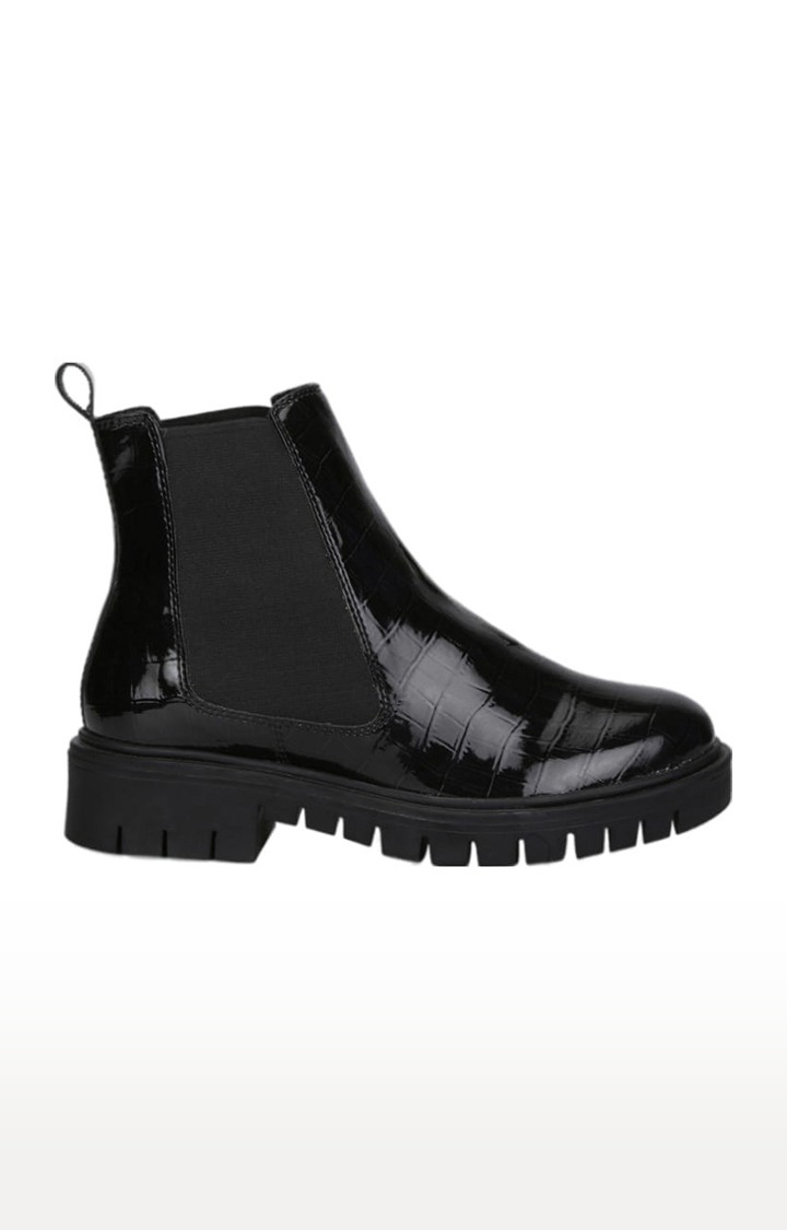 Women's Black Synthetic Textured Slip On Boot