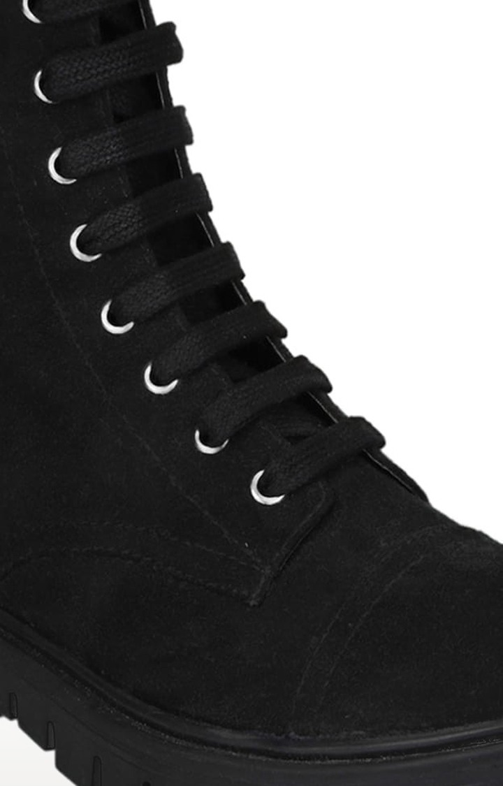 Women's Black Suede Solid Lace-Up Boot