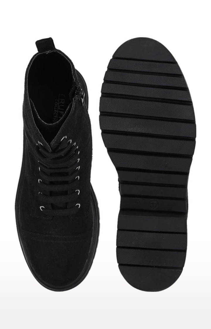 Women's Black Suede Solid Lace-Up Boot