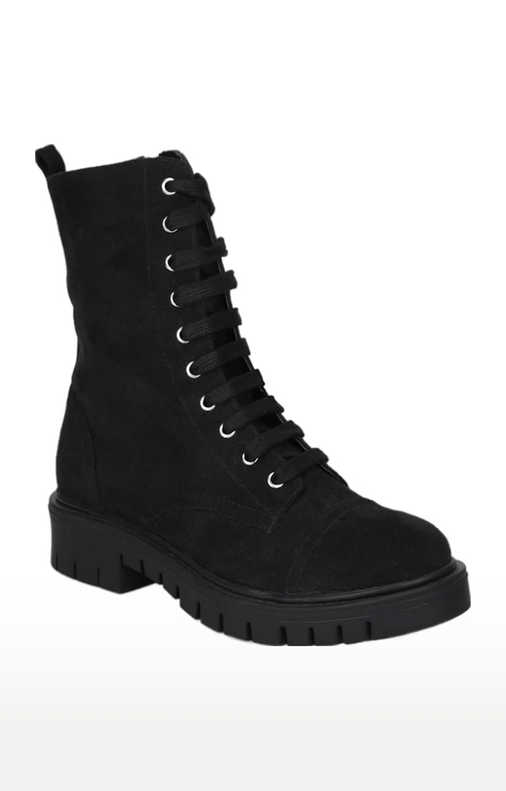 Truffle Collection | Women's Black Suede Solid Lace-Up Boot