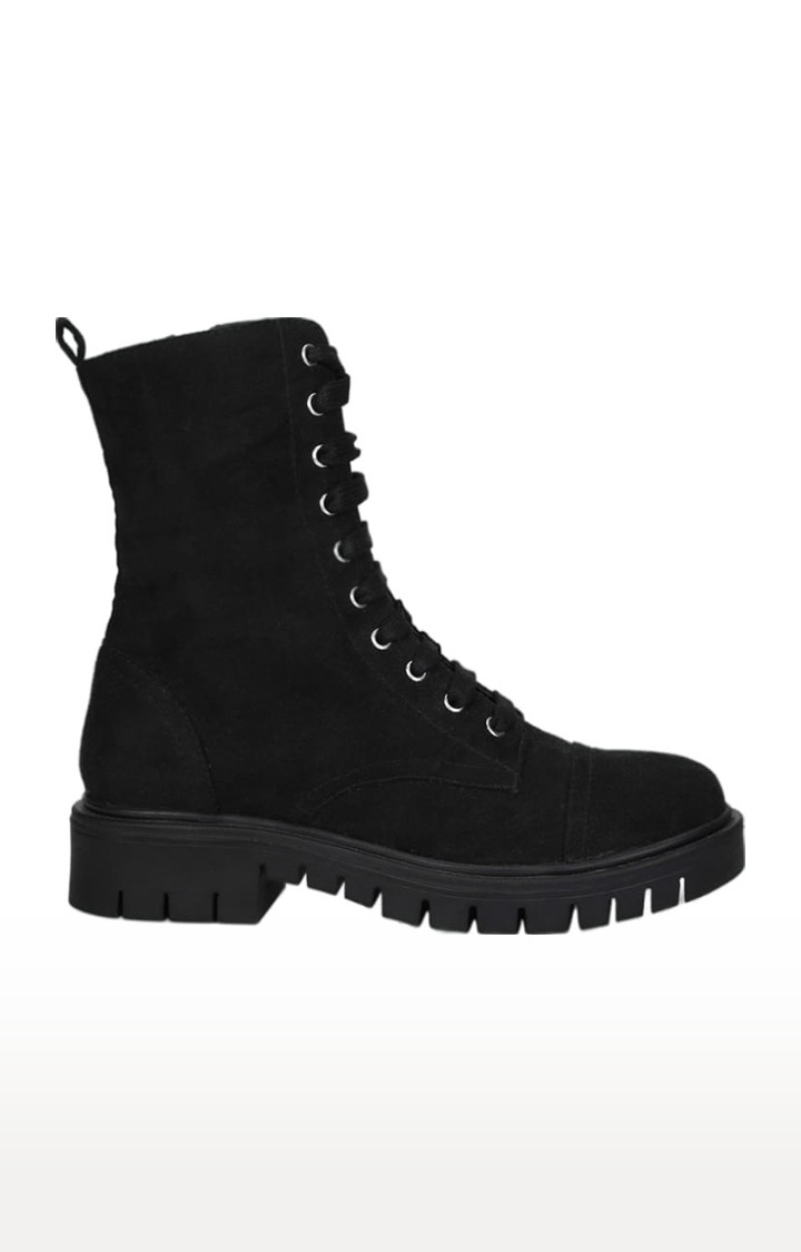 Women's Black Suede Solid Lace-Up Boot