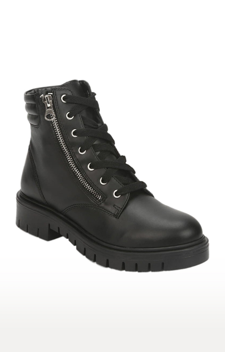 Truffle Collection | Women's Black PU Solid Lace-Up Boot 0
