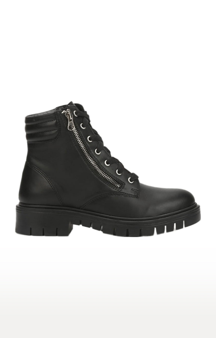 Truffle Collection | Women's Black PU Solid Lace-Up Boot 1