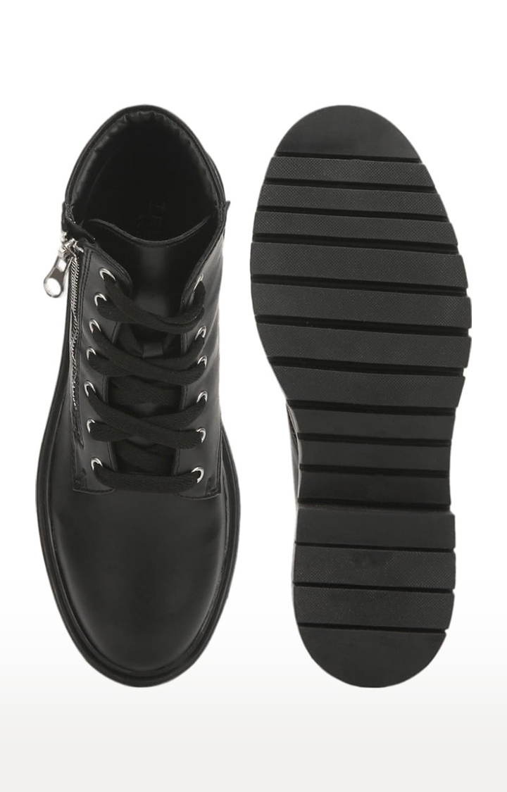 Truffle Collection | Women's Black PU Solid Lace-Up Boot 3