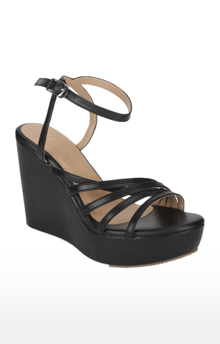Truffle Collection | Women's Black PU Solid Buckle Wedges 0