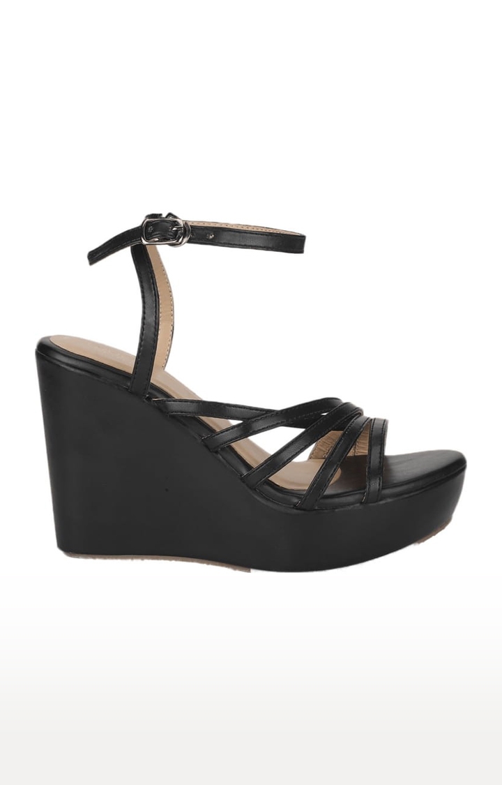 Truffle Collection | Women's Black PU Solid Buckle Wedges 1
