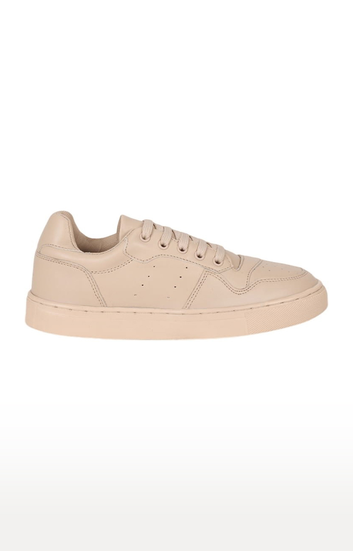 Women's Beige PU Solid Lace-Up Sneakers