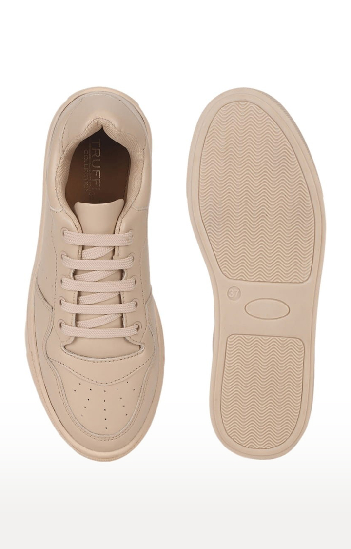 Women's Beige PU Solid Lace-Up Sneakers