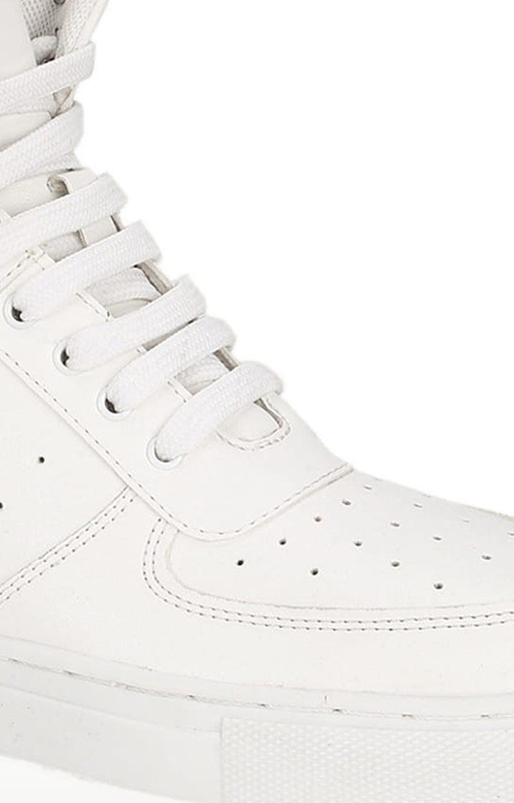 Women's White PU Solid Lace-Up Sneakers