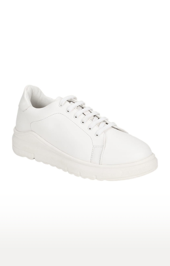 Truffle Collection | Women's White PU Solid Lace-Up Sneakers