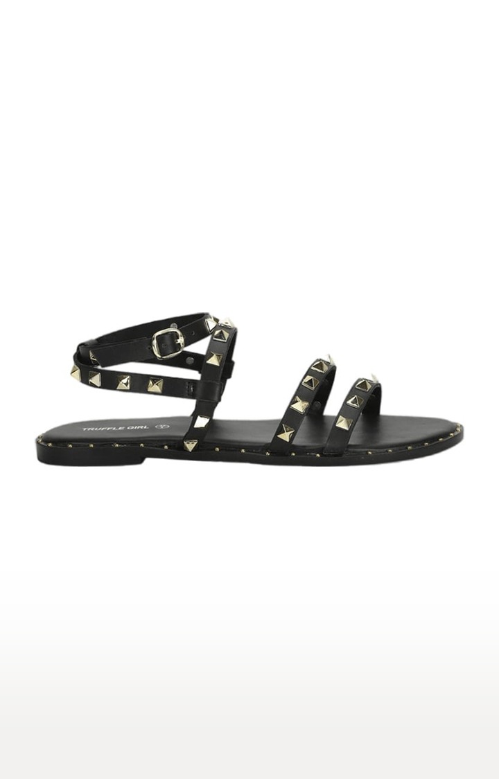 Women's Black PU Embellished Buckle Sandals