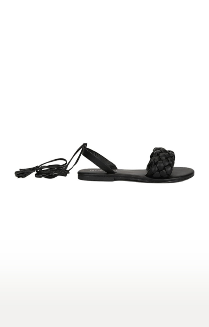 Truffle Collection | Women's Black PU Solid Lace-Up Sandals 1
