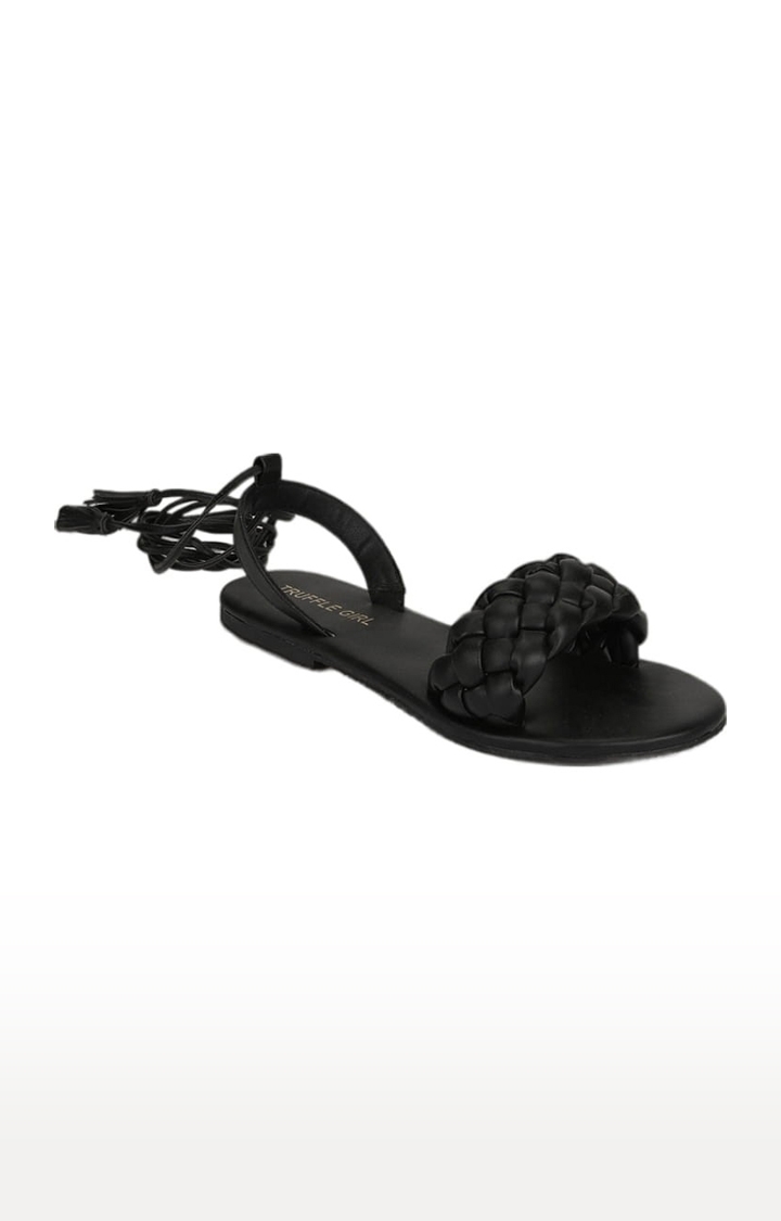 Truffle Collection | Women's Black PU Solid Lace-Up Sandals 0