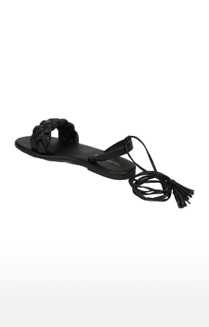 Truffle Collection | Women's Black PU Solid Lace-Up Sandals 2