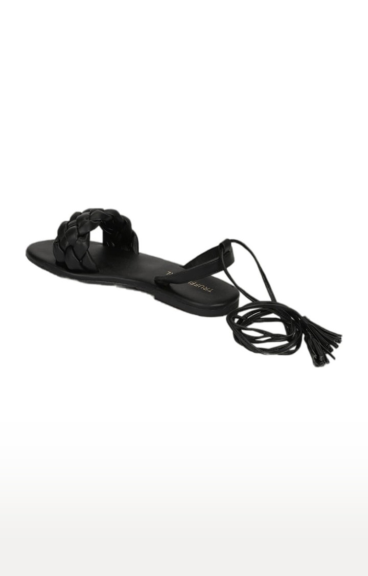 Women's Black PU Solid Lace-Up Sandals