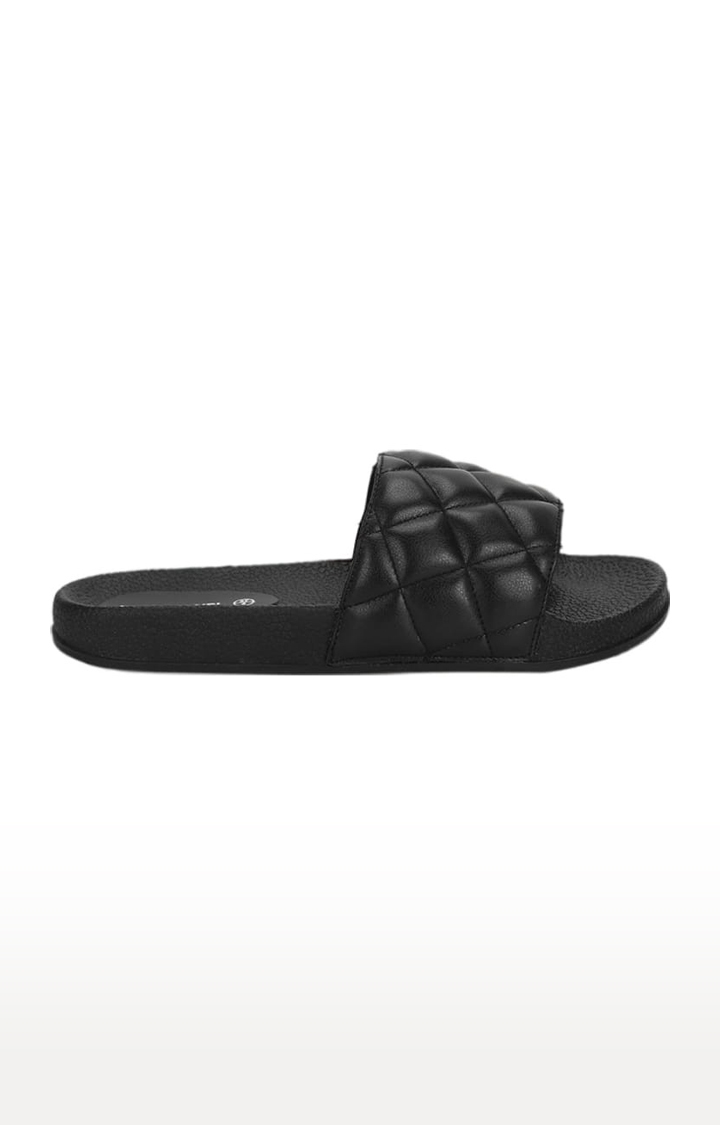 Truffle Collection | Women's Black PU Quilted Slip On Flip Flops 1