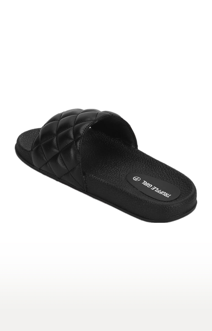 Truffle Collection | Women's Black PU Quilted Slip On Flip Flops 2