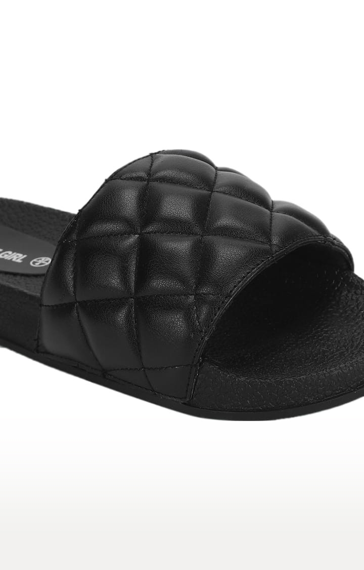 Truffle Collection | Women's Black PU Quilted Slip On Flip Flops 4
