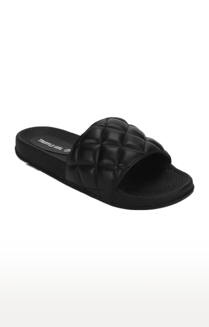 Truffle Collection | Women's Black PU Quilted Slip On Flip Flops 0