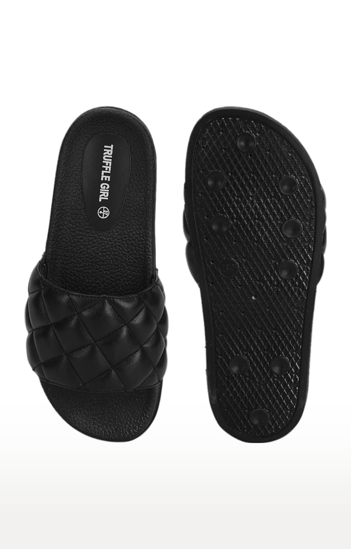 Truffle Collection | Women's Black PU Quilted Slip On Flip Flops 3