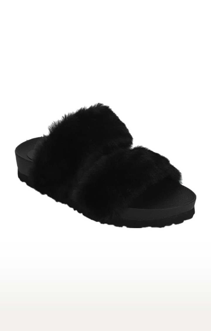 Women's Black Synthetic Solid Flat Slip-ons