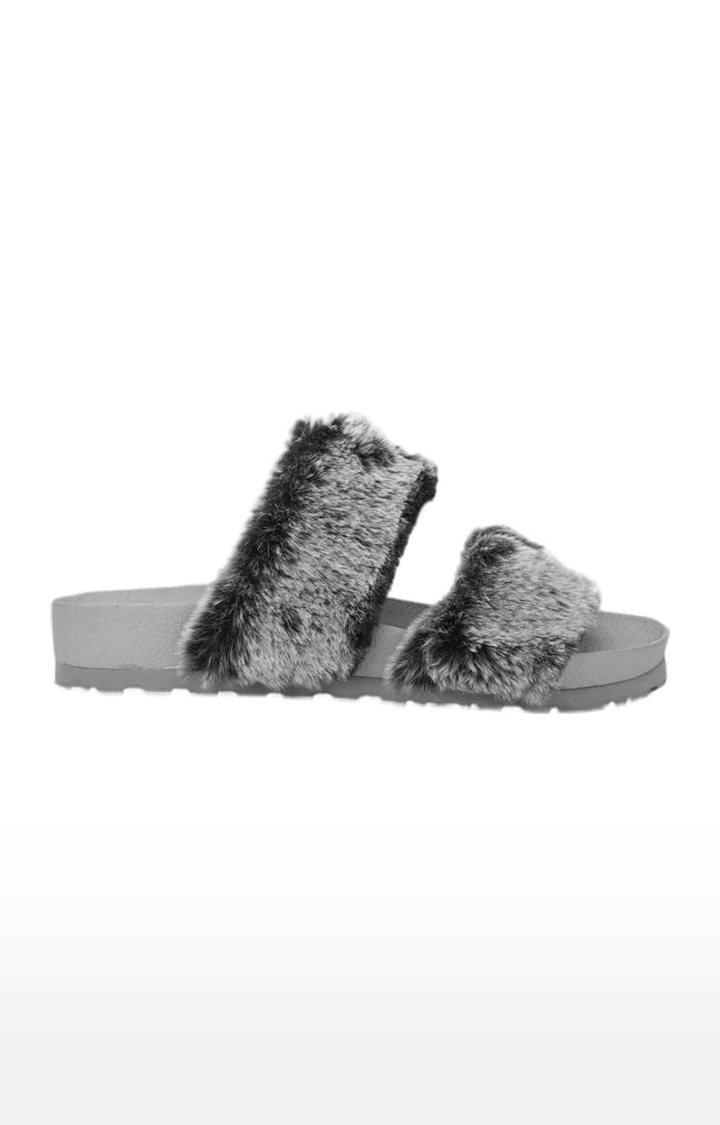 Truffle Collection | Women's Grey Fur Solid Flat Slip-ons 1