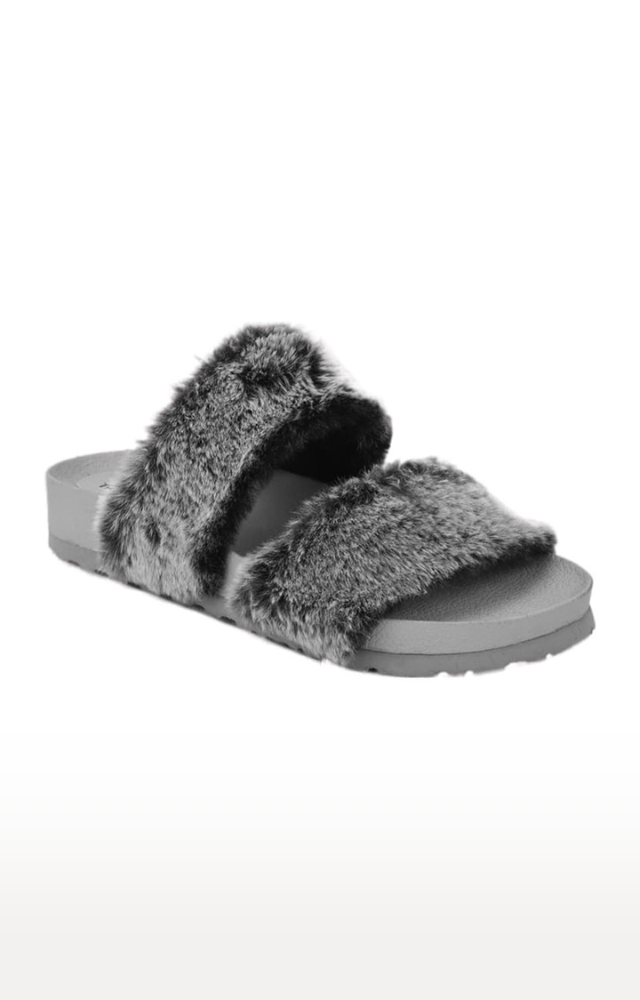 Truffle Collection | Women's Grey Fur Solid Flat Slip-ons 0