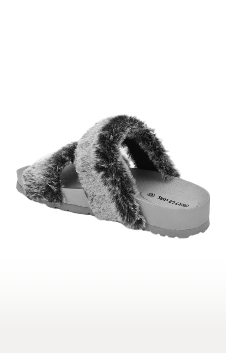 Truffle Collection | Women's Grey Fur Solid Flat Slip-ons 2