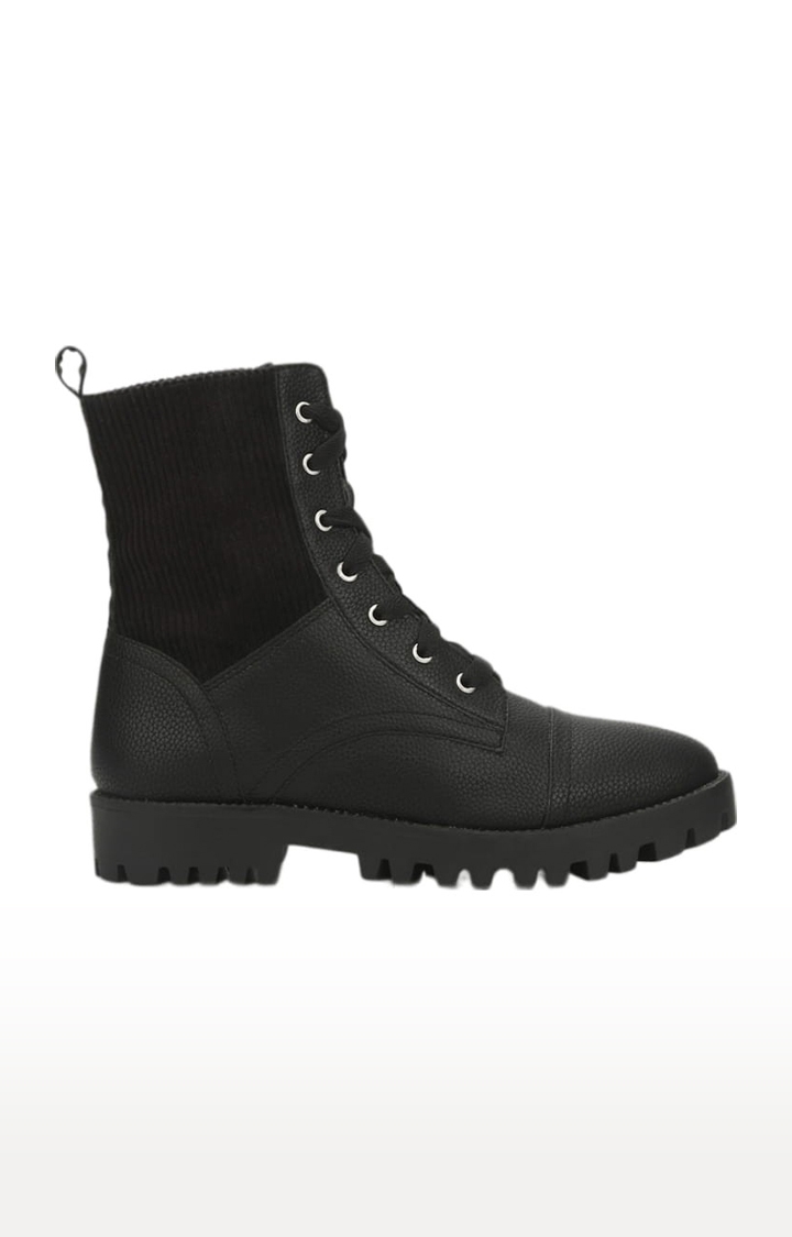 Truffle Collection | Women's Black PU Textured Lace-Up Boot 1