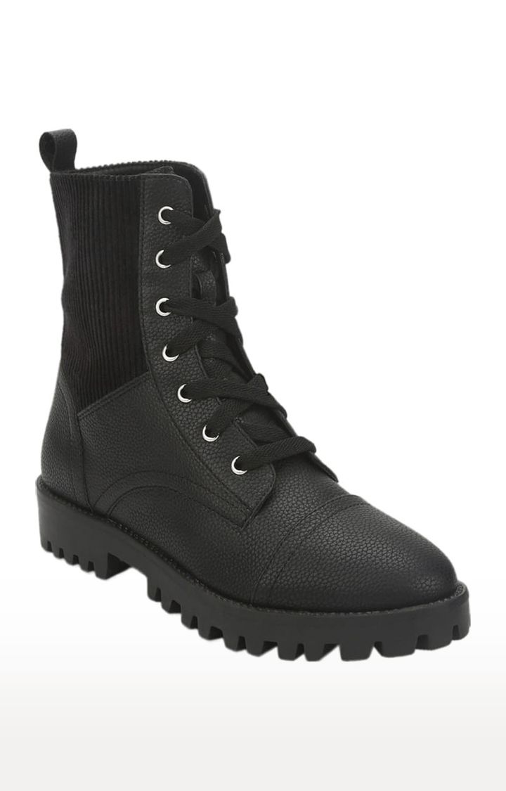 Truffle Collection | Women's Black PU Textured Lace-Up Boot