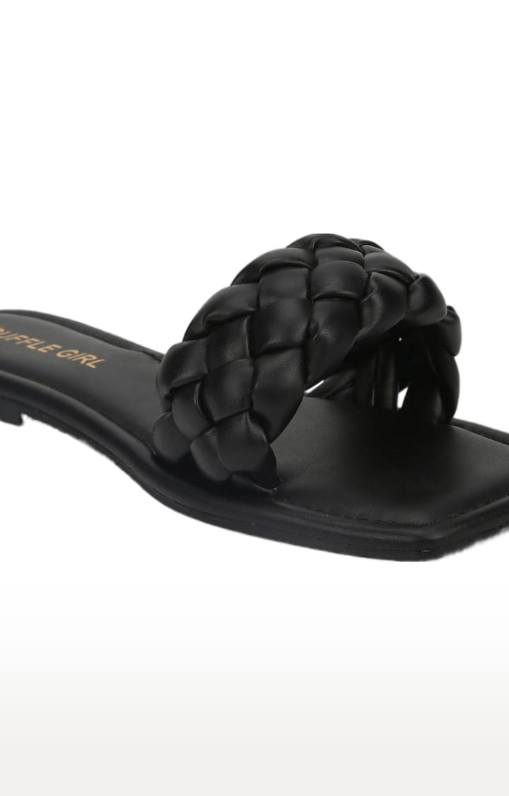 Truffle Collection | Women's Black PU Quilted Flat Slip-ons 4